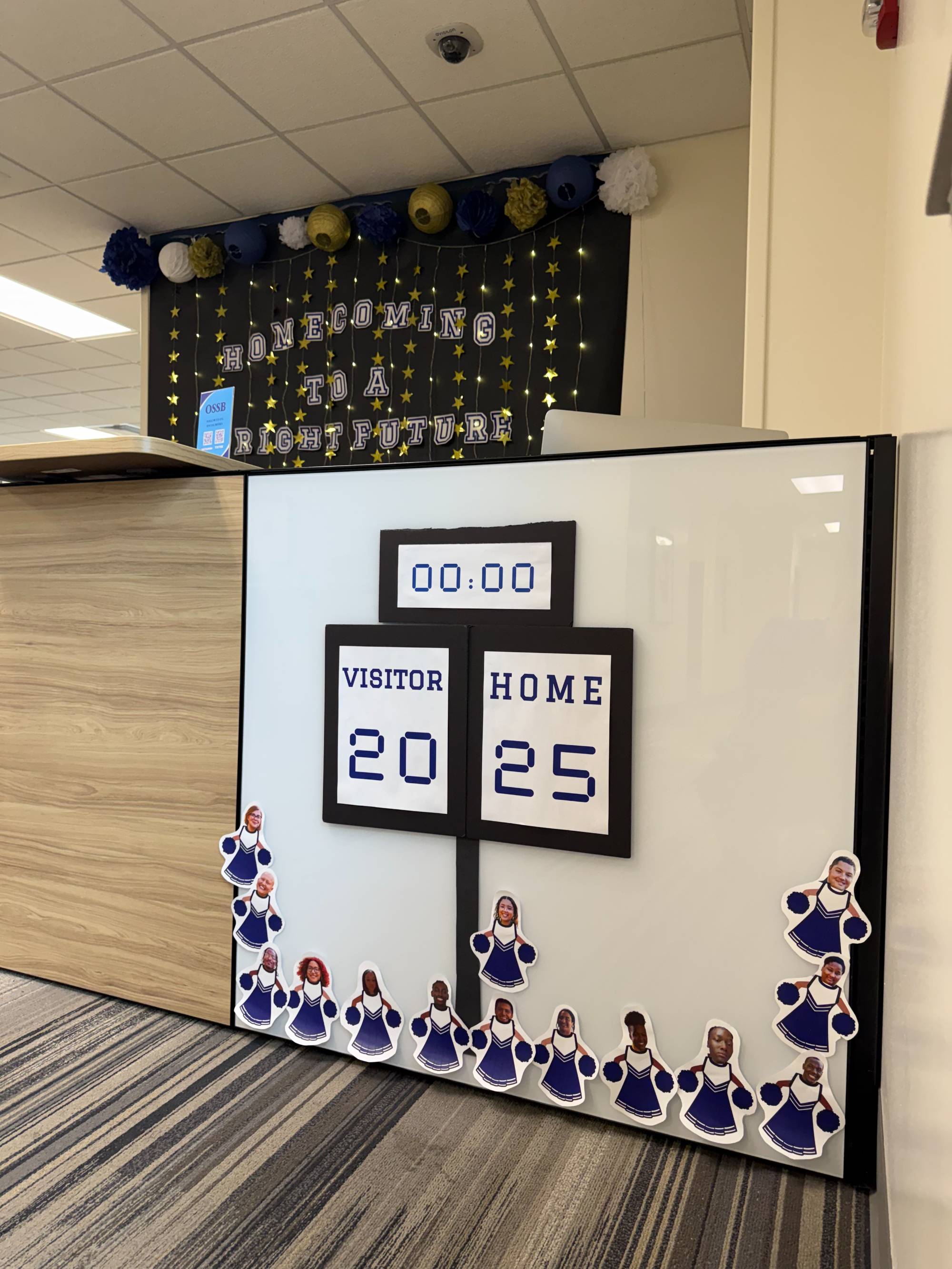 OSSB Homecoming front desk decorations, close up of goal post and cheerleading squad